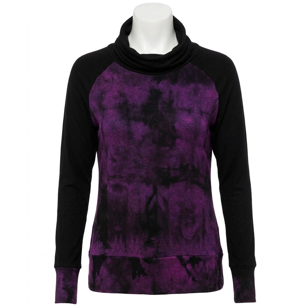 NEW FRENCH KYSS marble wash color block turtleneck top in grape